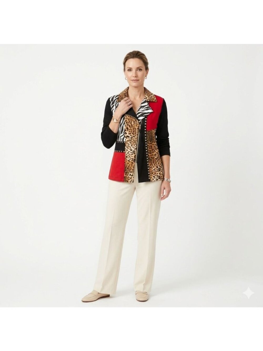Berek XL Animal Print Colorblock Moto Jacket Gold Stud Zipper Leopard Zebra FLAW